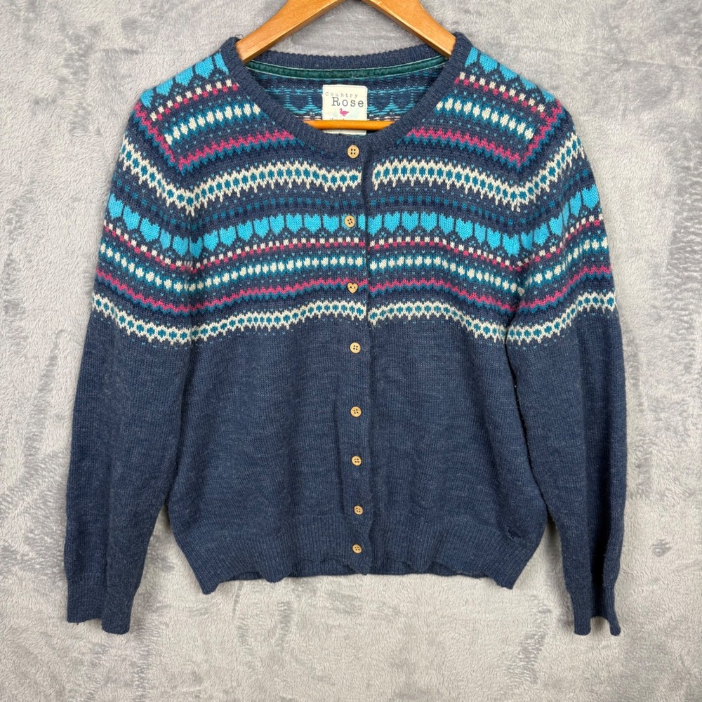Country Rose Women Navy Blue Fair Isle Knit Cardigan‎ Sweater Size L Nordic
